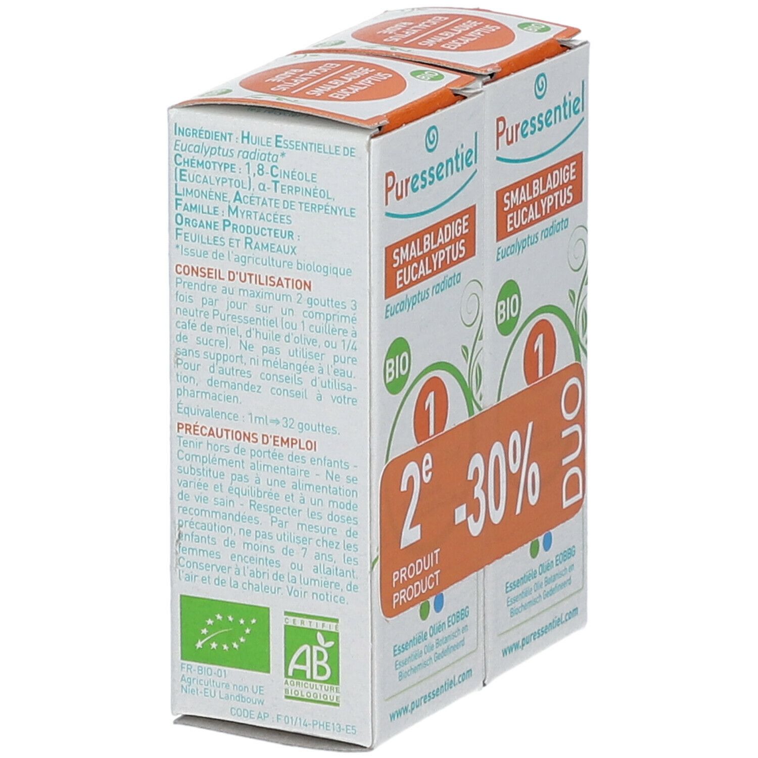 Due confezioni Puressentiel Eucalipto BIO. Testo e ingredienti sul lato. Marchio BIO.