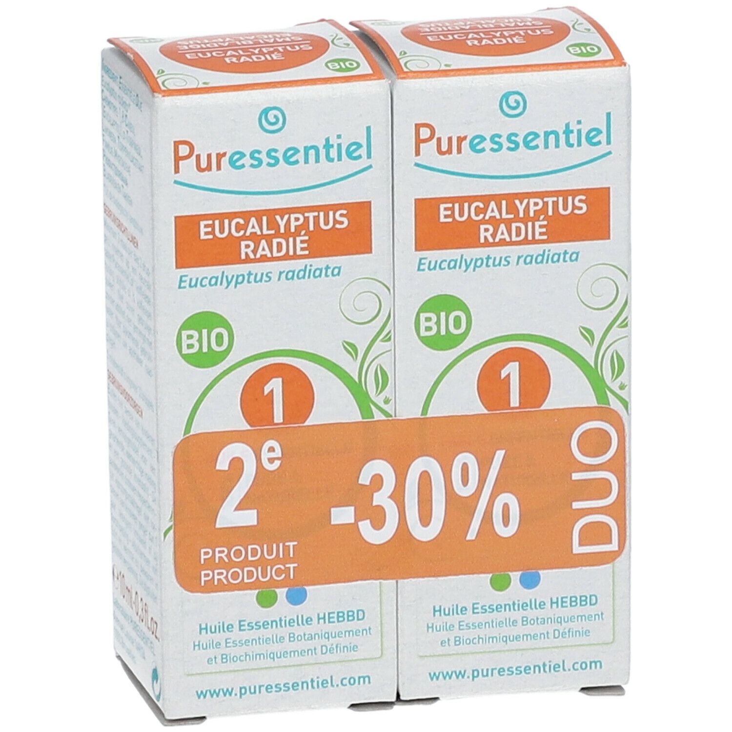 Due confezioni Puressentiel Eucalipto BIO. Etichetta arancione "2° prodotto -30%". Marchio BIO.