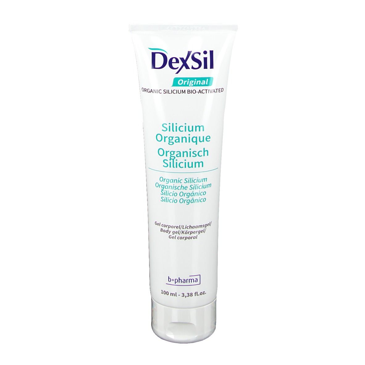 Tubo bianco-blu con DexSil Original. Testo: Silicium Organique, Body Gel. In basso: 100 ml.