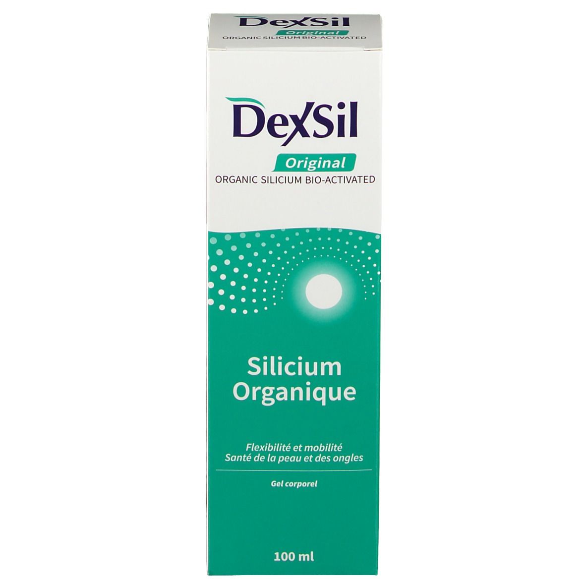 Confezione del prodotto. Bianco, verde. Testo: DexSil Original, Silicium Organique, Flessibilità e mobilità, 100 ml.