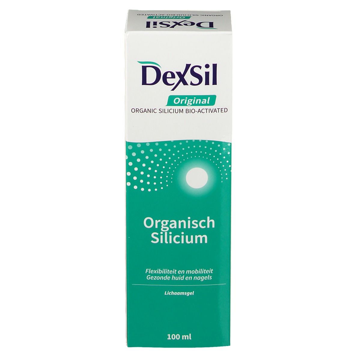 Confezione del prodotto. Bianco, verde. Testo: DexSil Original, Silicium Organique, Flessibilità e mobilità, 100 ml.