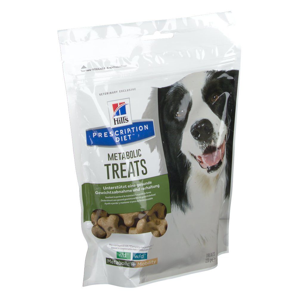 Sacchetto di snack per cani. Scritta: Hills Prescription Diet Metabolic Treats. Immagine di un cane.