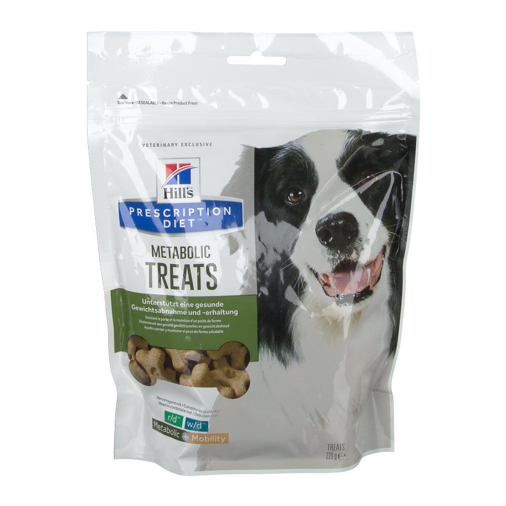 Sacchetto di snack per cani. Scritta: Hills Prescription Diet Metabolic Treats. Immagine di un cane.