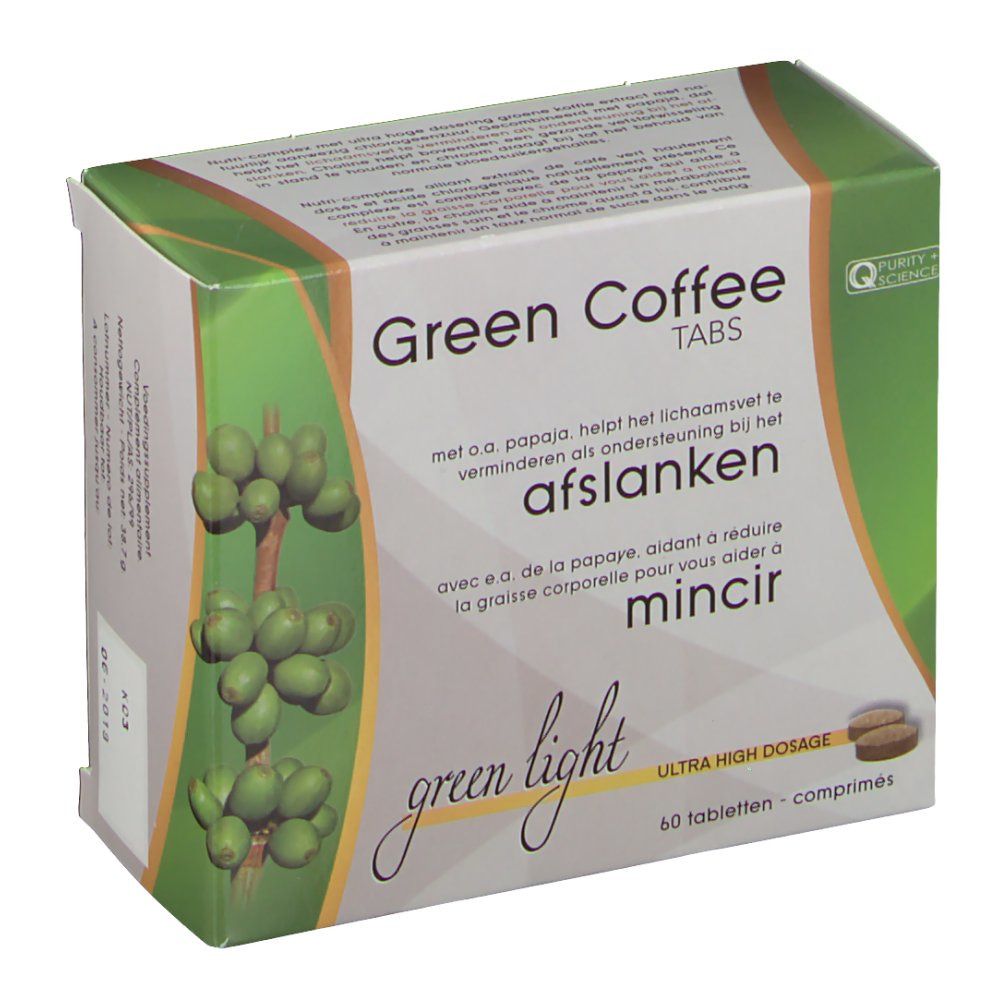 Scatola "Green Coffee Tabs". Scritte in olandese e francese. 60 compresse. Verde e bianco.