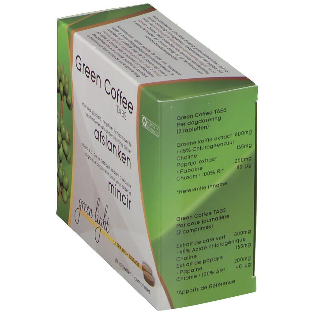 Scatola "Green Coffee Tabs". Ingredienti in olandese. Verde e bianco. 60 compresse.