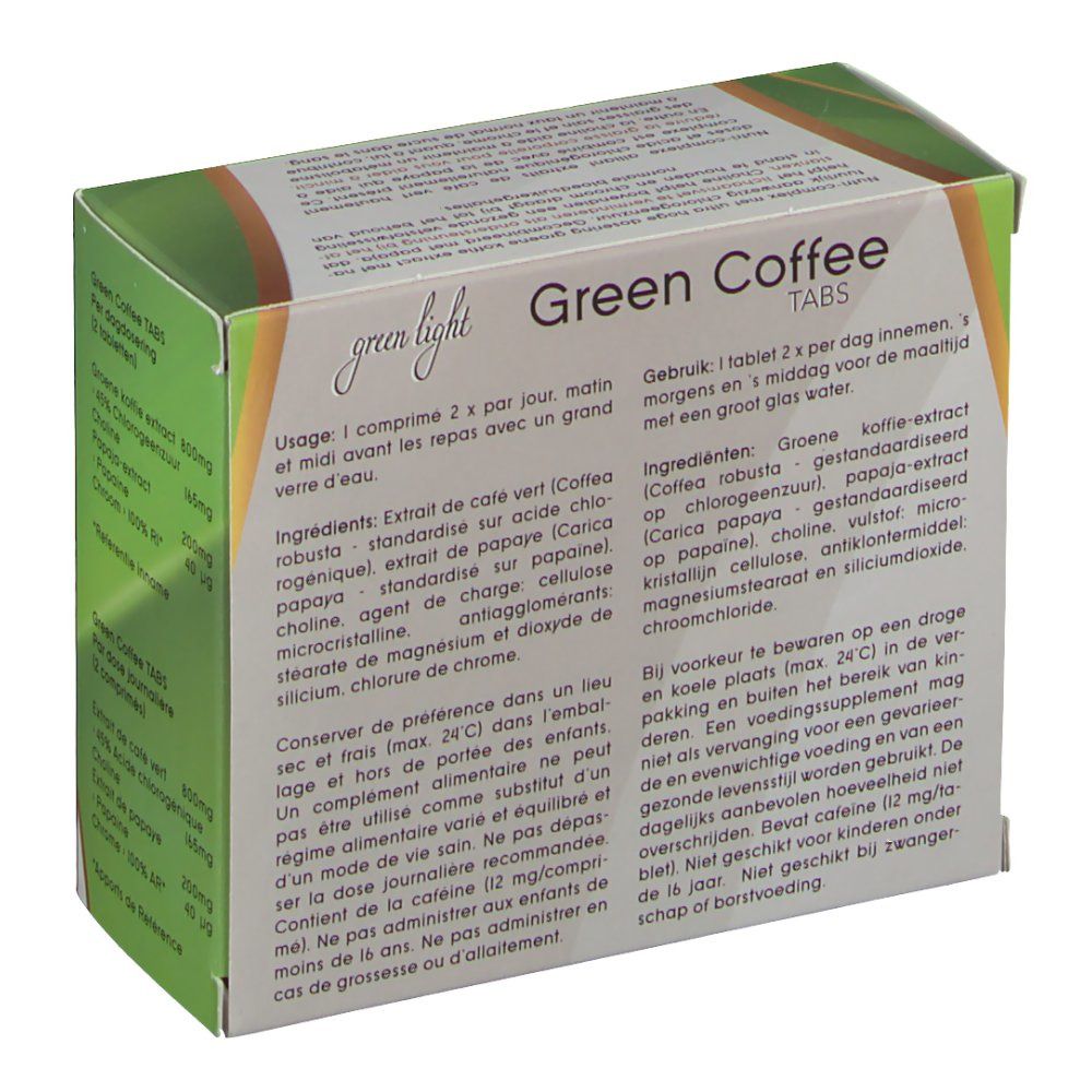 Scatola "Green Coffee Tabs". Istruzioni per l'uso in olandese. Verde e bianco. 60 compresse.
