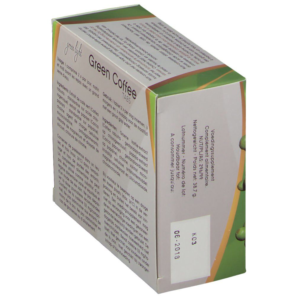 Scatola "Green Coffee Tabs". Retro con ingredienti e numero di lotto. Verde e bianco.