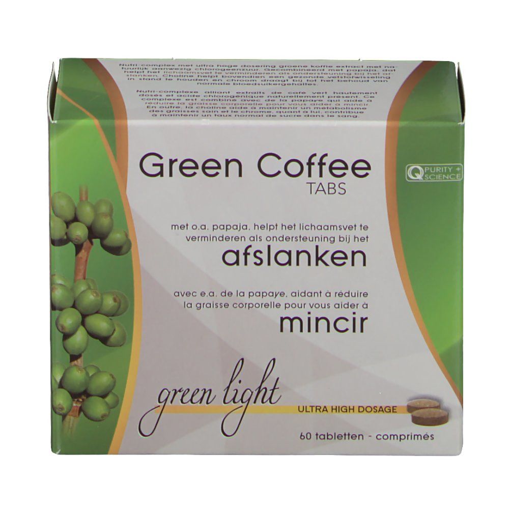 Scatola di "Green Coffee Tabs". Scritte in olandese e francese. 60 compresse. Verde e bianco.