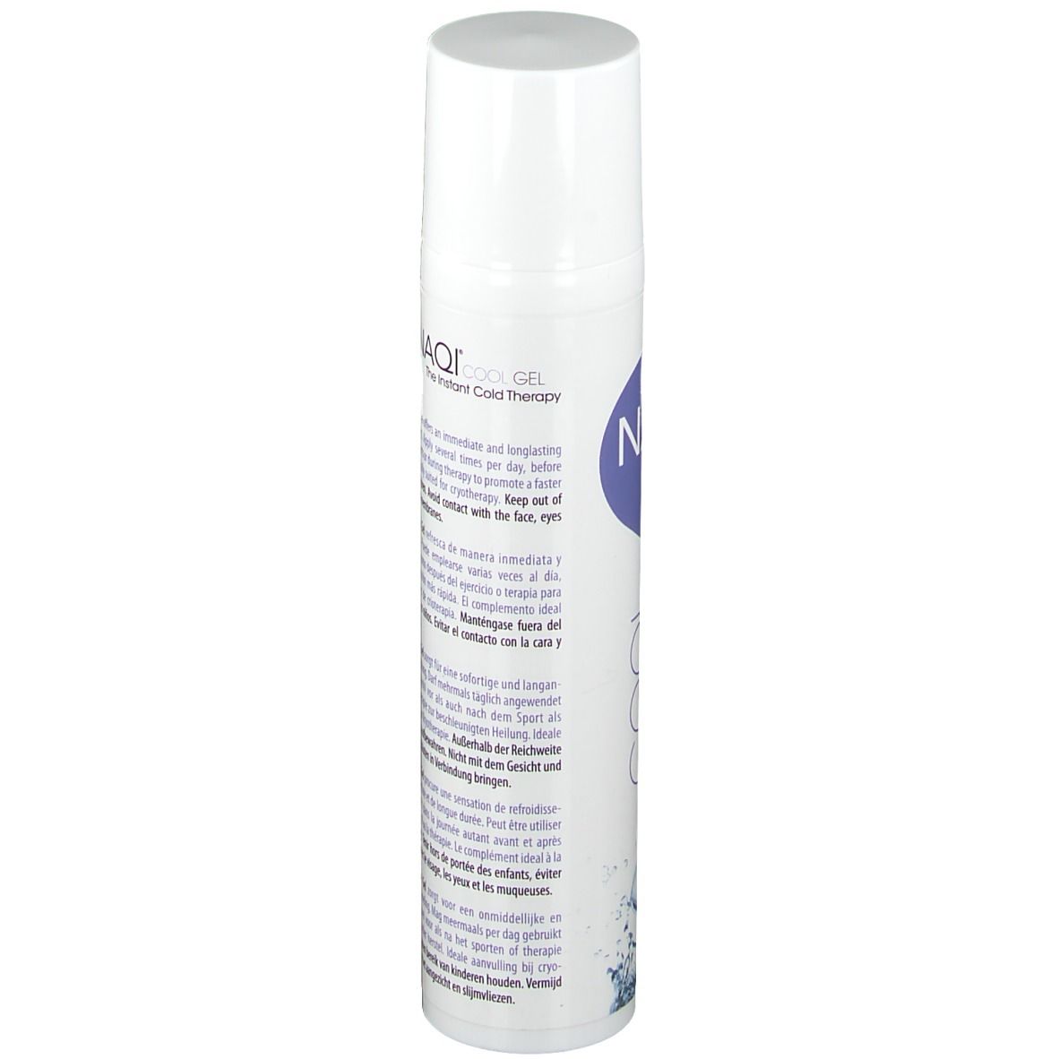 Flacone bianco con testo. Scritta: NAQI COOL GEL. Informazioni prodotto in più lingue. Tappo in alto.