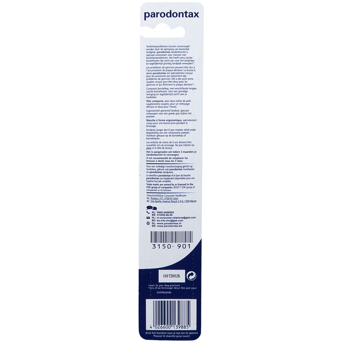 Retro della confezione. Testo e codice a barre. Marchio: Paradontax. Numero prodotto: 3150-901. Testo in olandese.