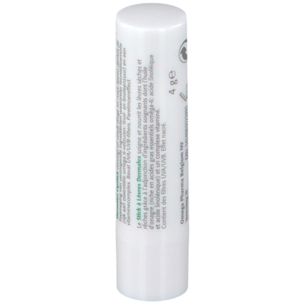 Stick per labbra bianco con testo verde. Testo: 4 g. Contiene Omega-6 e filtri UVA/UVB. Produttore: Omega Pharma Belgium NV.