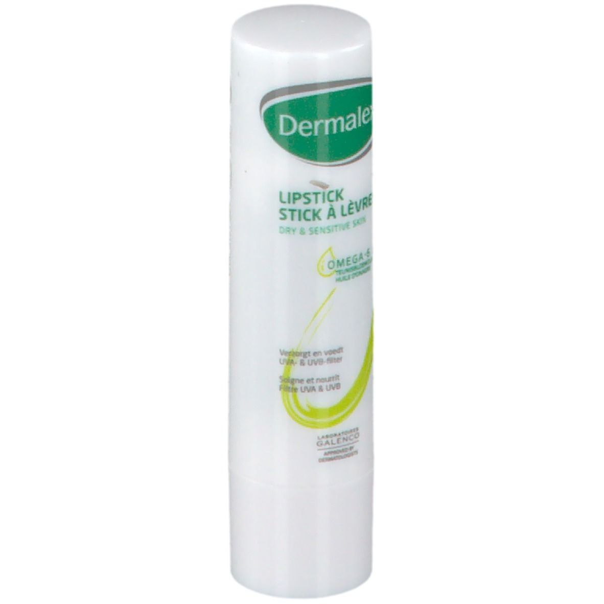 Stick per labbra bianco con testo verde. Scritta: Dermalex, Lipstick Stick à lèvres, Omega-6, per pelli secche e sensibili.