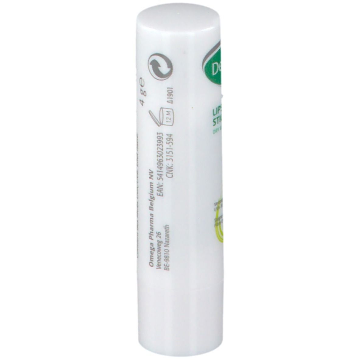 Stick per labbra bianco con testo verde. Testo: 4 g. Produttore: Omega Pharma Belgium NV. Codice EAN e numero di lotto.