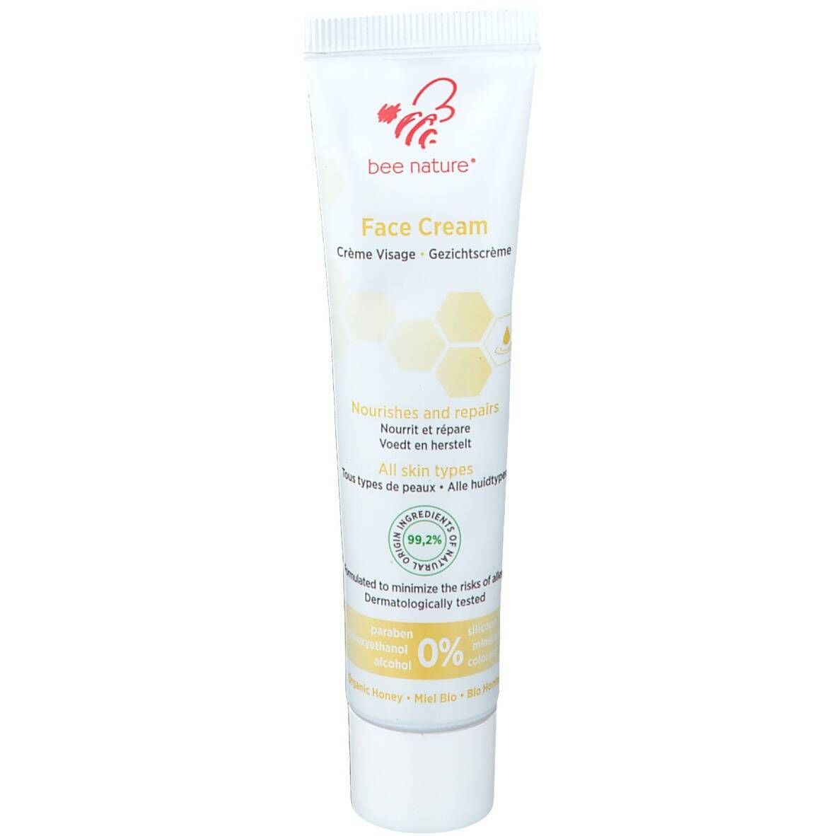 Tubo di crema viso bianco con nome e logo del prodotto. Contiene testo in tedesco, inglese, francese e olandese. Dermatologicamente testato.