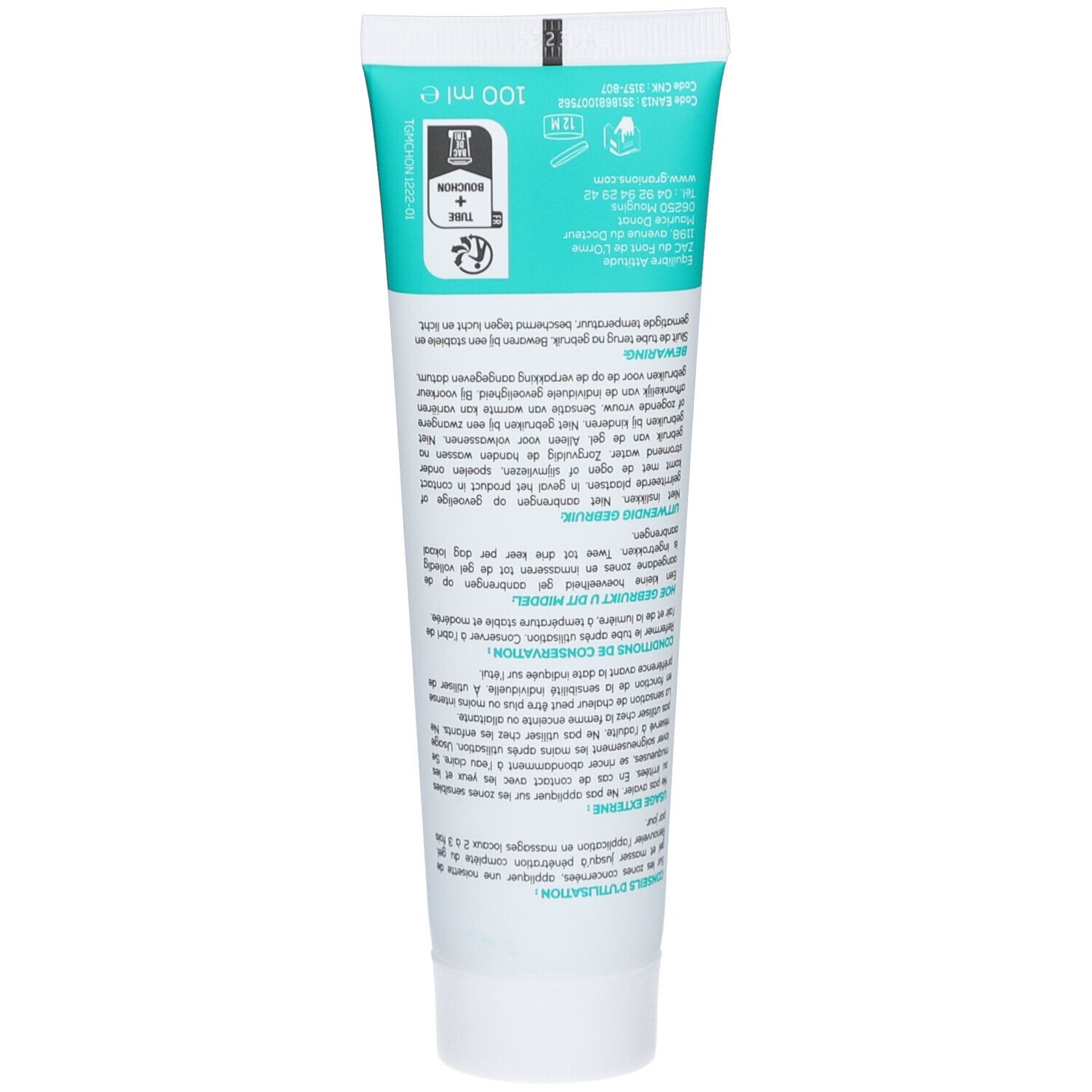 Retro del tubo di gel massaggio Chondrostéo®. Contiene testo e informazioni. Sfondo bianco.