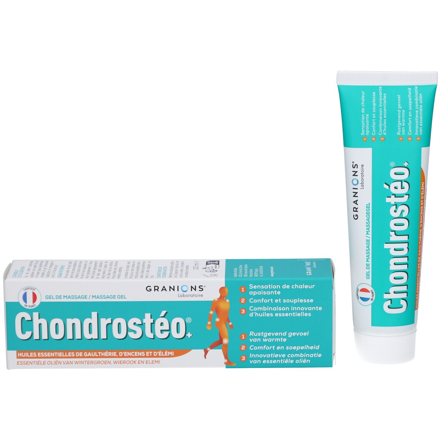 Tubo e scatola di Chondrostéo®+ Massagegel. Design turchese e bianco. Nome e logo visibili.