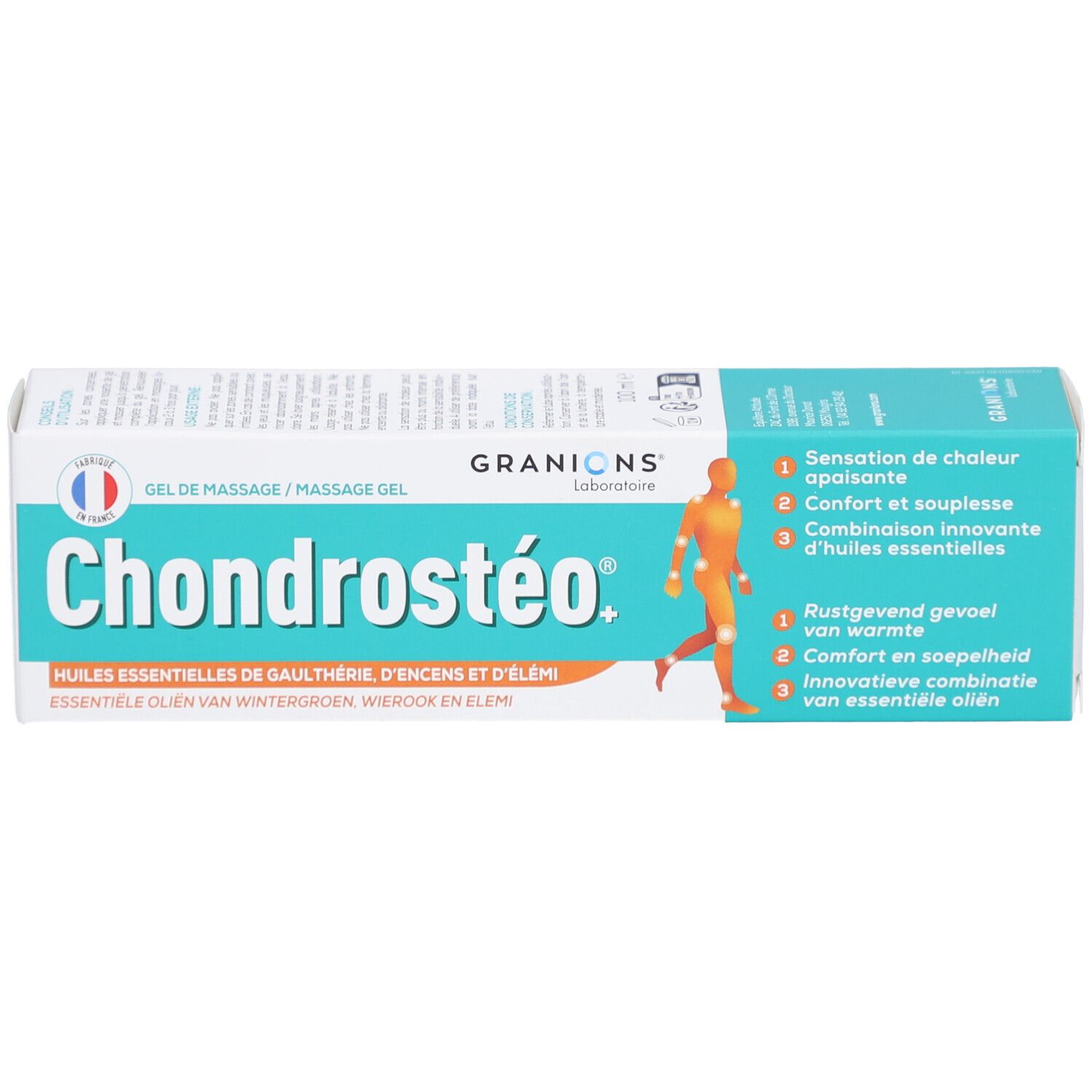 Scatola di Chondrostéo®+ Massagegel. Design turchese e bianco. Nome e logo visibili. Testo e illustrazione.