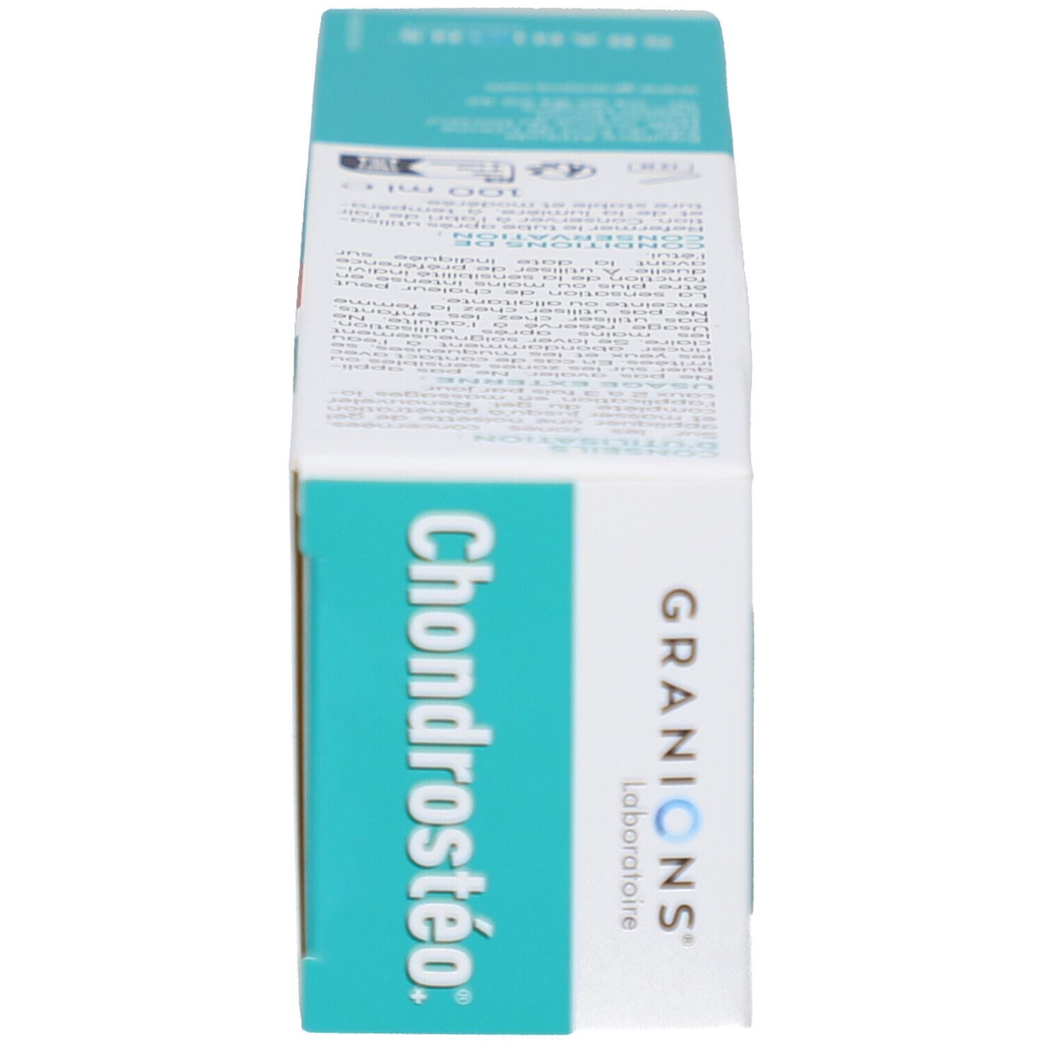 Vista laterale della scatola di Chondrostéo®+ Massagegel. Design turchese e bianco. Nome del prodotto visibile.