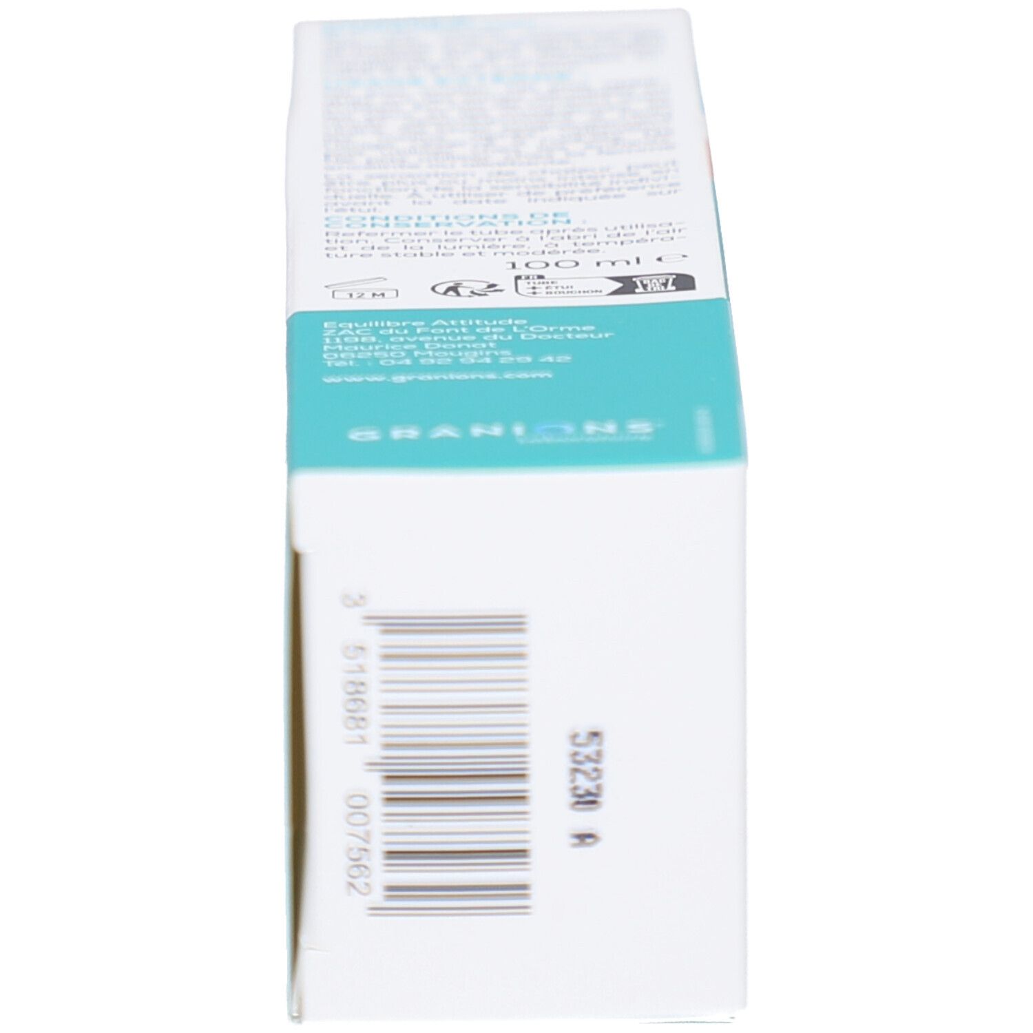 Retro della scatola di Chondrostéo®+ Massagegel. Contiene testo e informazioni. Codice a barre.