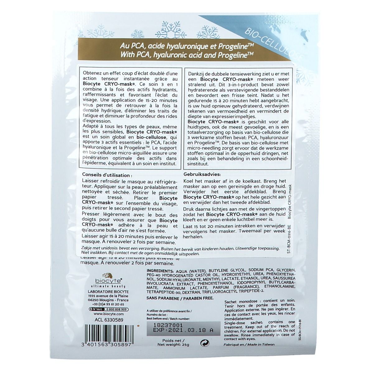 Retro della confezione singola Biocyte Cryo-Maske®. Testo multilingue. Contiene ingredienti e istruzioni per l'uso. Fatto in Taiwan.