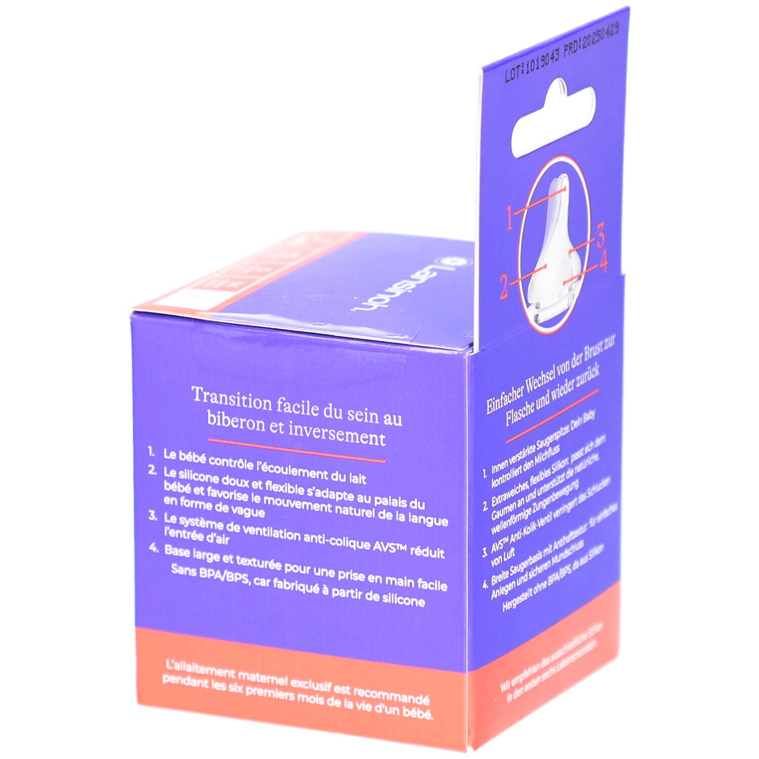 Confezione Lansinoh NaturalWave con informazioni in francese. 2 tettarelle. Senza BPA/BPS. Per neonati.