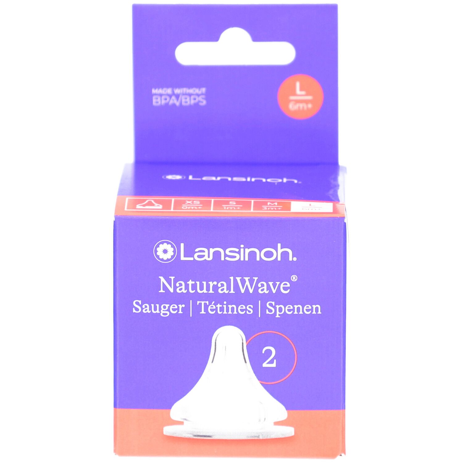 Confezione Lansinoh NaturalWave con 2 tettarelle. Scatola viola con indicazione taglia L/6m+. Senza BPA/BPS.