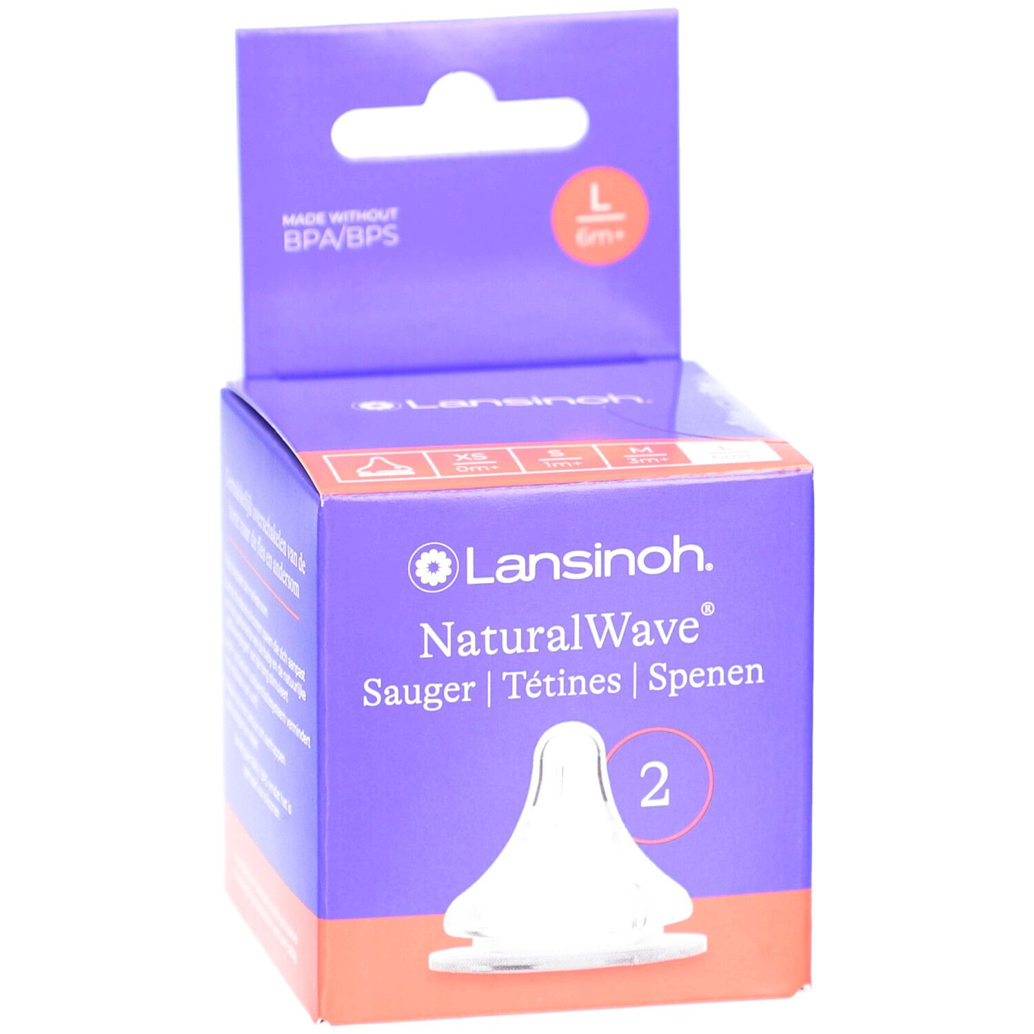 Confezione Lansinoh NaturalWave con 2 tettarelle. Scatola viola con indicazione taglia L/6m+. Senza BPA/BPS.