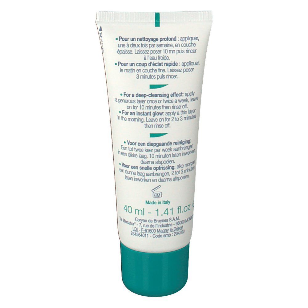 Retro del tubo di crema. Testo in francese, inglese e olandese. Indicazione del volume.