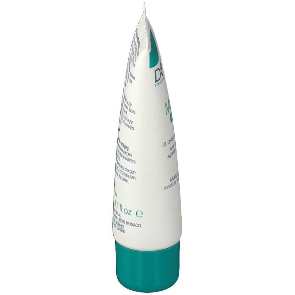 Vista laterale del tubo di crema. Confezione bianca e verde. Testo in francese e inglese.