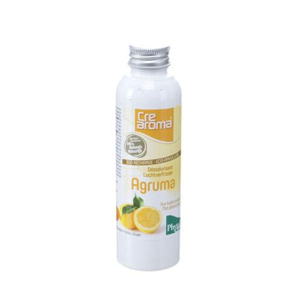 Flacone bianco con tappo argentato. Etichetta con nome prodotto Agruma e illustrazione di limoni. Marchio Crearoma.