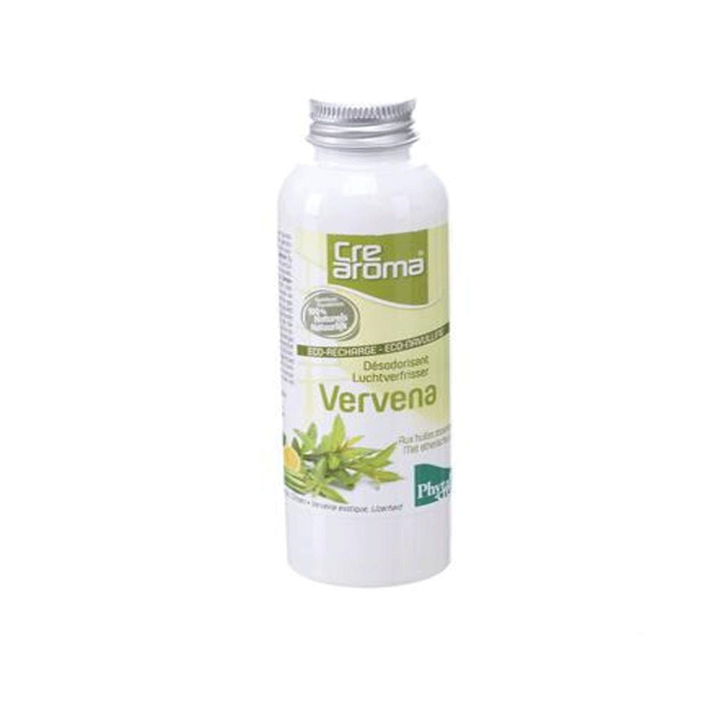 Flacone bianco con tappo argentato. Scritta "Crearoma Vervena". Etichetta verde e bianca con illustrazione di piante.