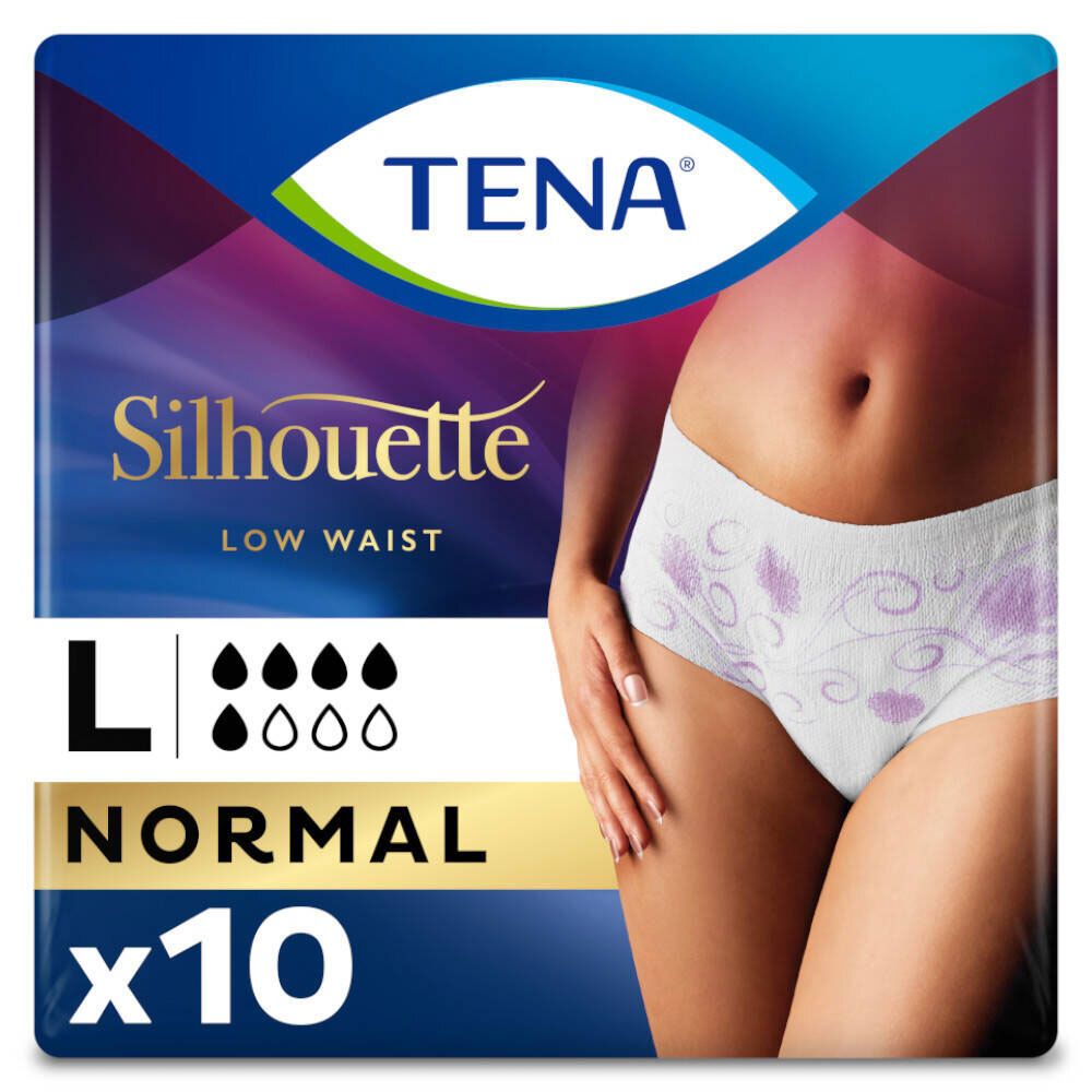 TENA Lady Pants DISCREET Gr. L, confezione da 10. Silhouette, Normal, vita bassa. Immagine del prodotto con modella.