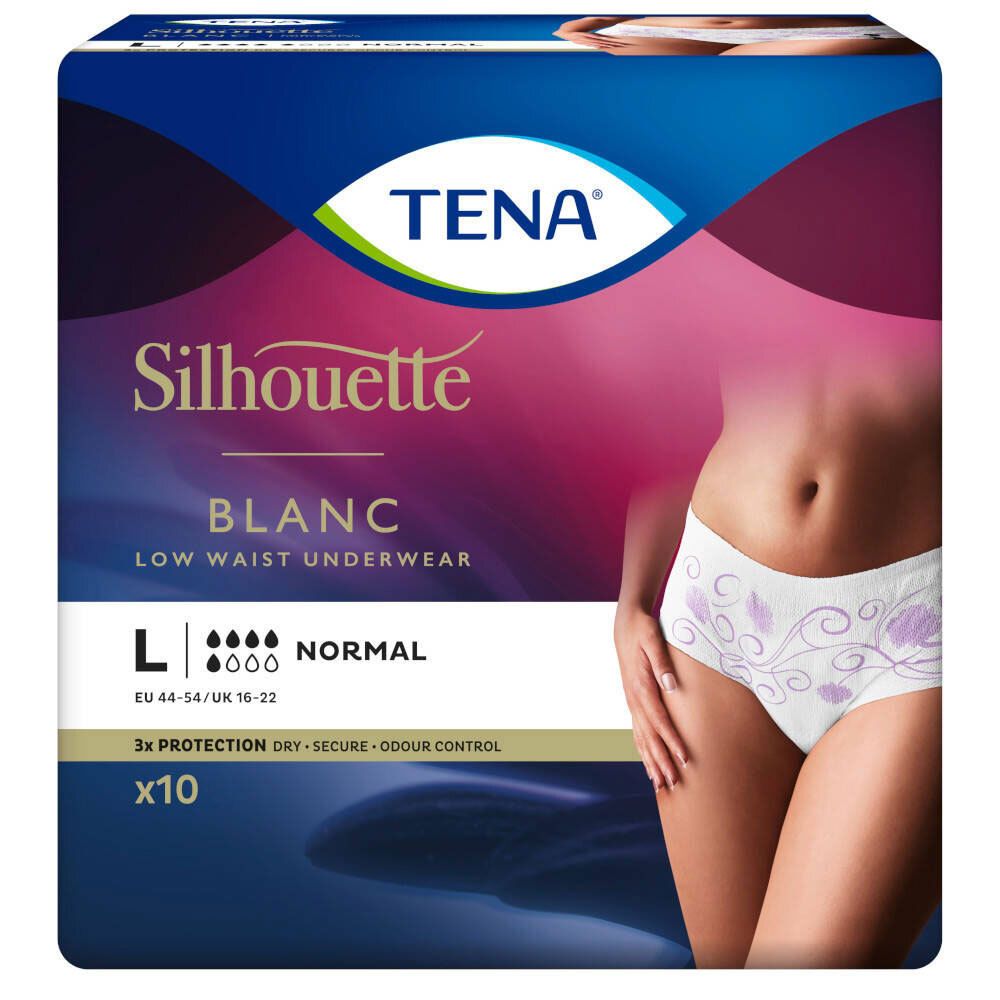 TENA Silhouette Blanc, biancheria intima a vita bassa, Gr. L, confezione da 10. Immagine del prodotto con modella. EU 44-54/UK 16-22.
