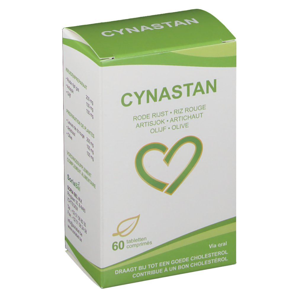 Scatola Cynastan, bianca e verde. Contiene Riso rosso, Carciofo, Oliva. 60 compresse. Logo a cuore.