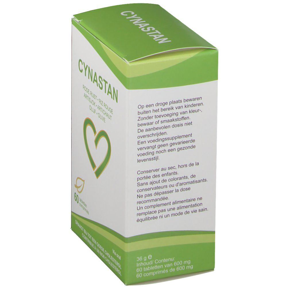 Scatola Cynastan, bianca e verde. Contiene Riso rosso, Carciofo, Oliva. 60 compresse. Ingredienti sul retro.