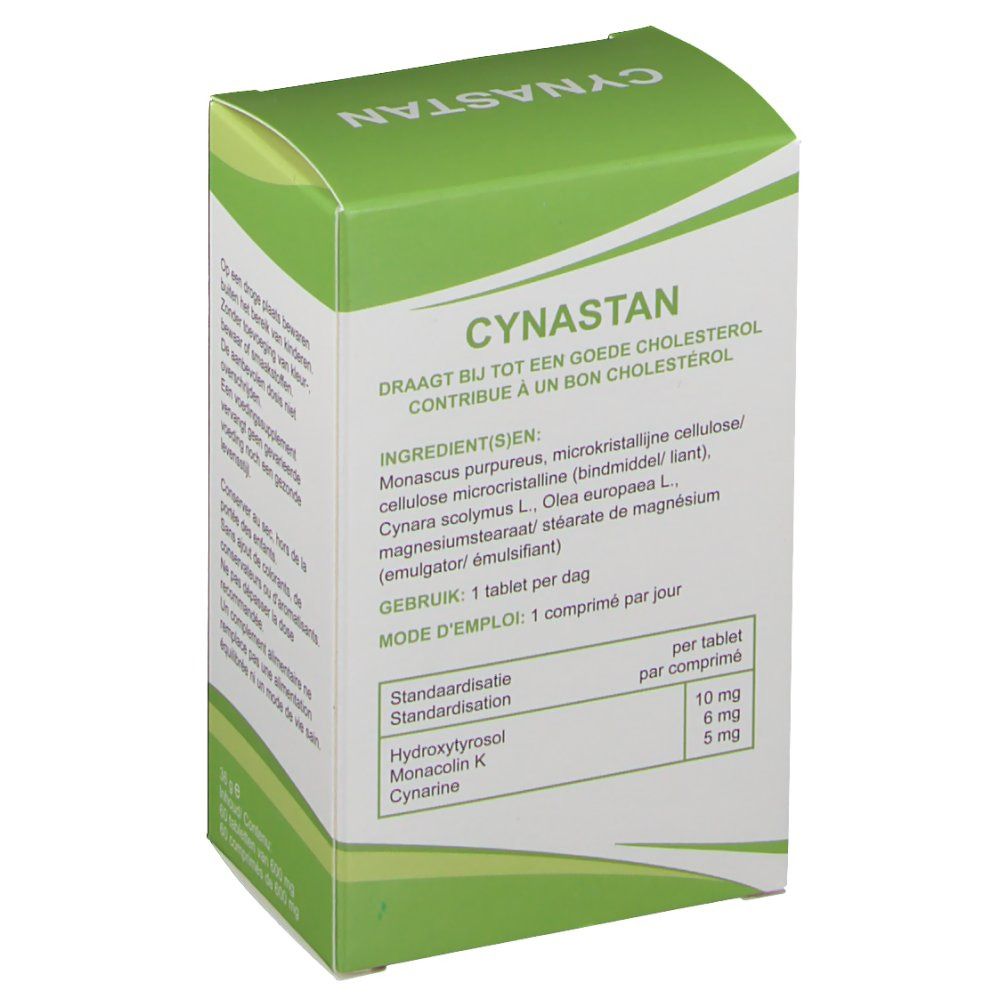 Retro della confezione Cynastan. Ingredienti: Monascus purpureus, Cellulosa, Cynara scolymus, Olea europaea.