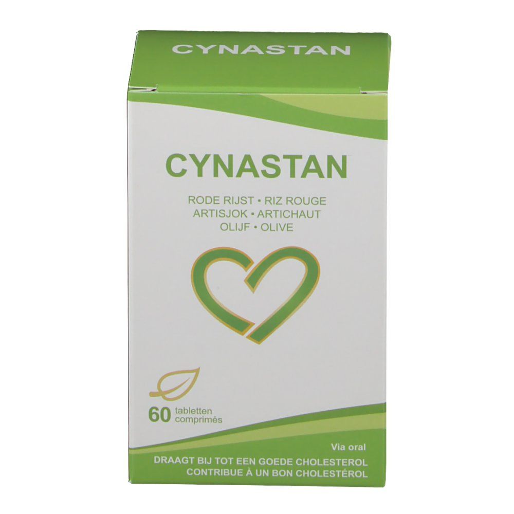 Confezione Cynastan, bianca e verde. 60 compresse. Contiene Riso rosso, Carciofo, Oliva. Logo a cuore.
