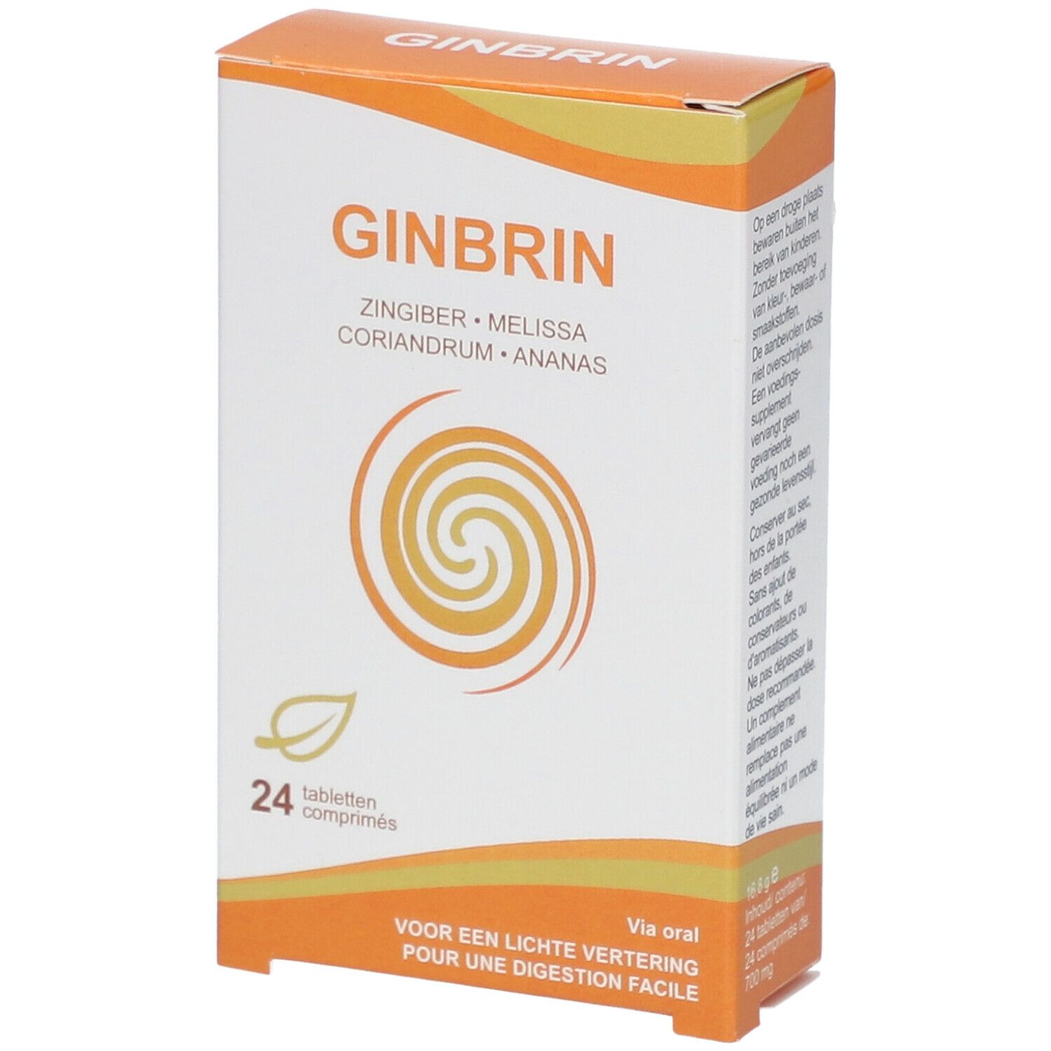 Confezione GINBRIN con 24 compresse. Ingredienti: zenzero, melissa, coriandolo, ananas. Scatola arancione e bianca.