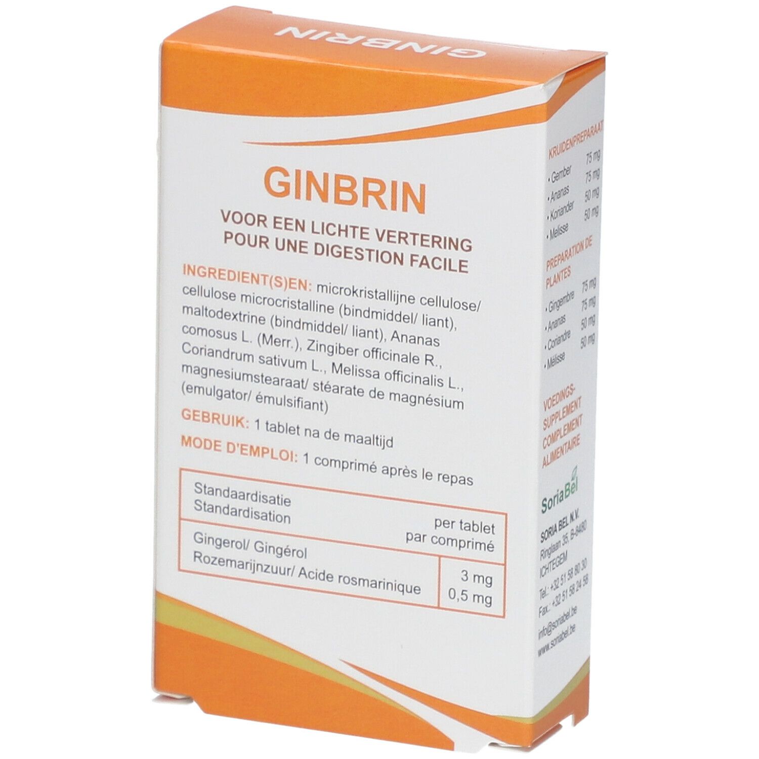 Confezione GINBRIN. Lista ingredienti e dosaggio. 24 compresse. Scatola arancione e bianca. Istruzioni: 1 compressa dopo il pasto.