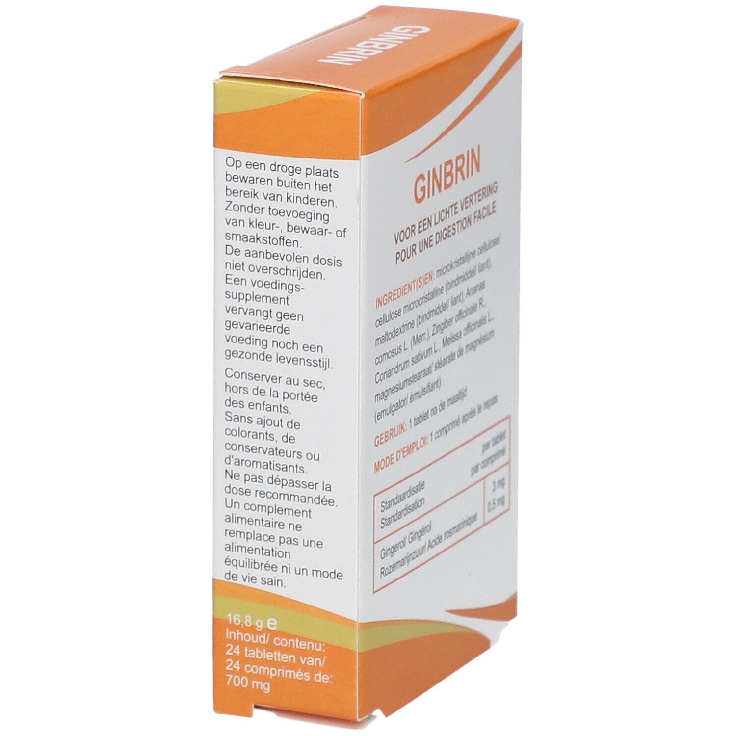 Confezione GINBRIN con 24 compresse. Scatola arancione e bianca. Testo: Per una facile digestione. Contenuto: 16,6 g.
