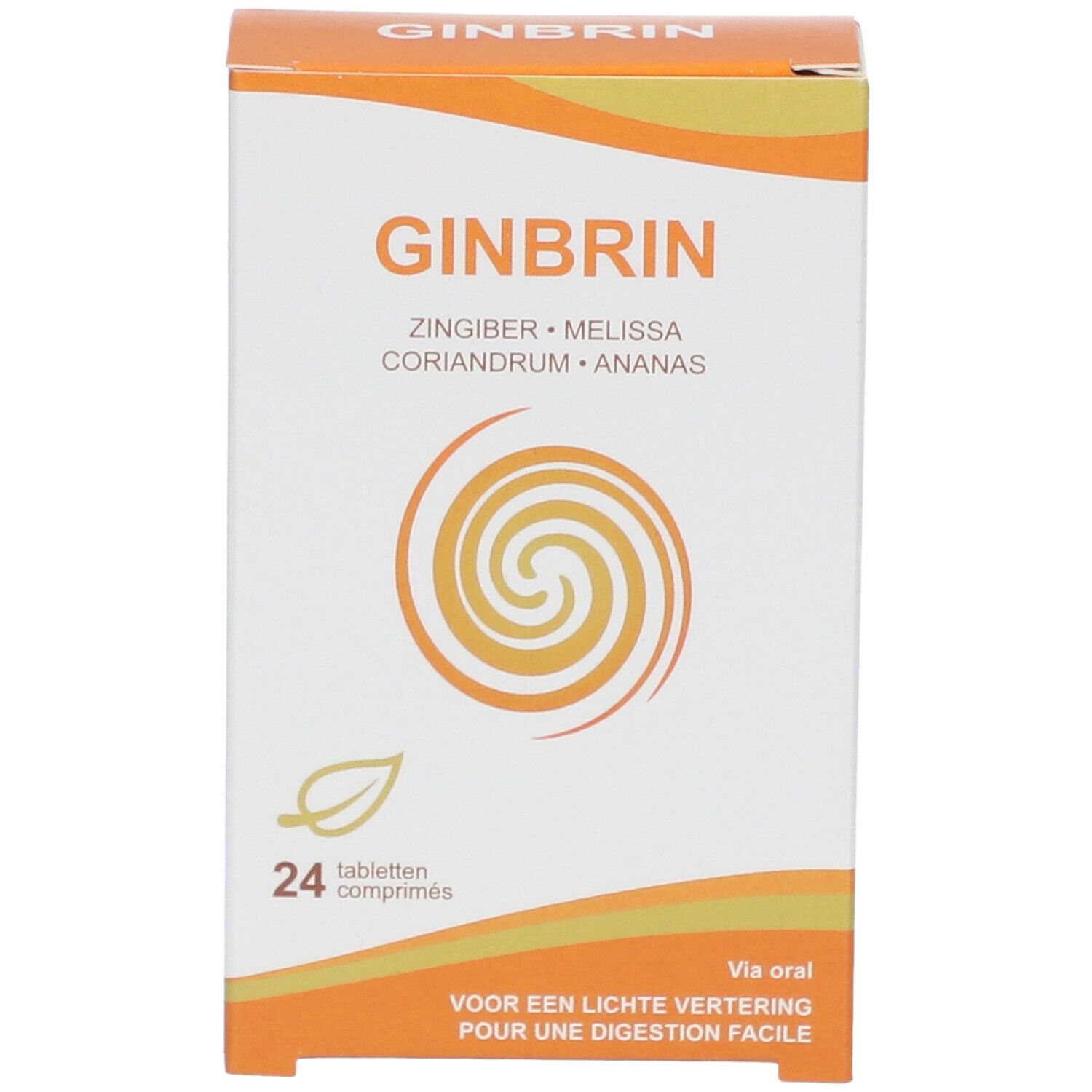 Confezione GINBRIN con 24 compresse. Ingredienti: zenzero, melissa, coriandolo, ananas. Scatola arancione e bianca.