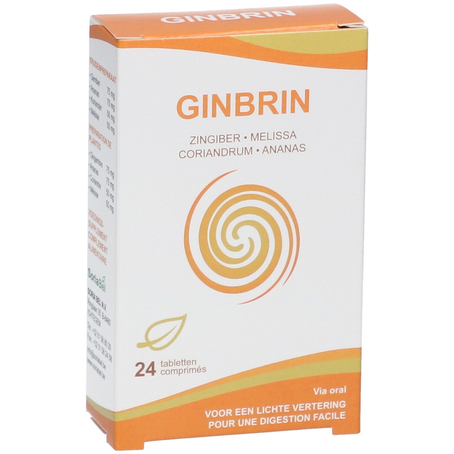 Confezione GINBRIN con 24 compresse. Ingredienti: zenzero, melissa, coriandolo, ananas. Scatola arancione e bianca.