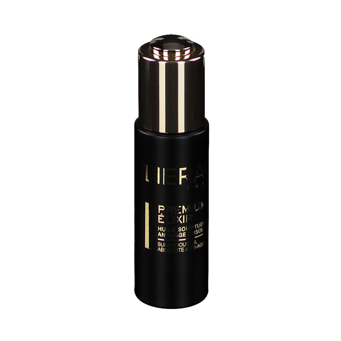 Flacone nero con tappo dorato. Scritta: Lierac, Premium Elixir.