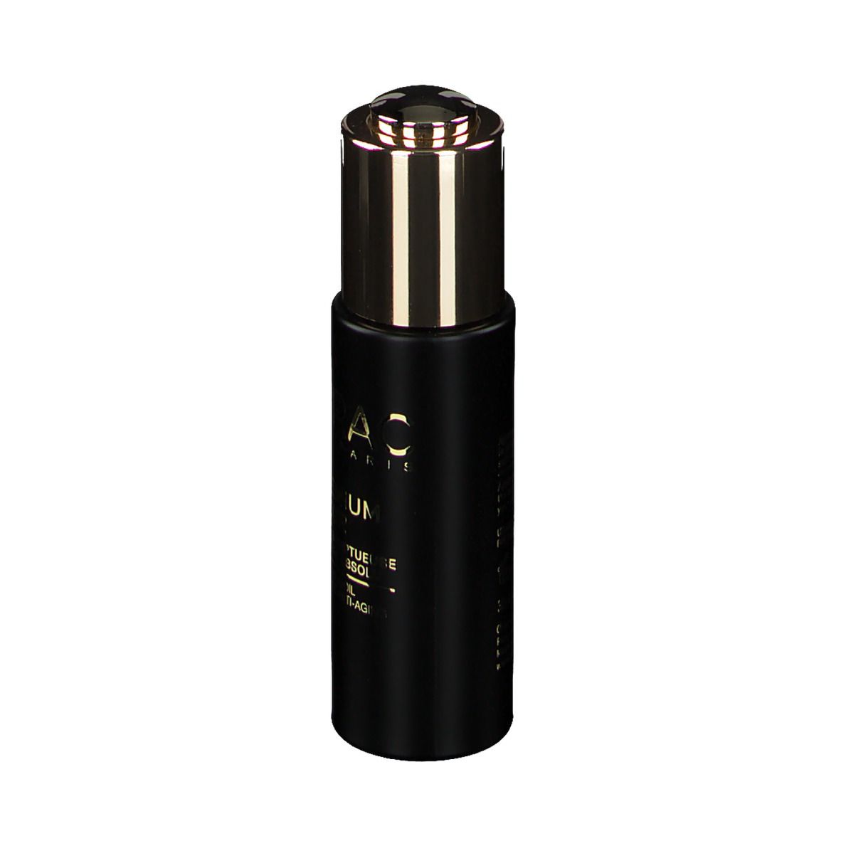 Flacone nero con tappo dorato. Scritta: Lierac, Premium Elixir.