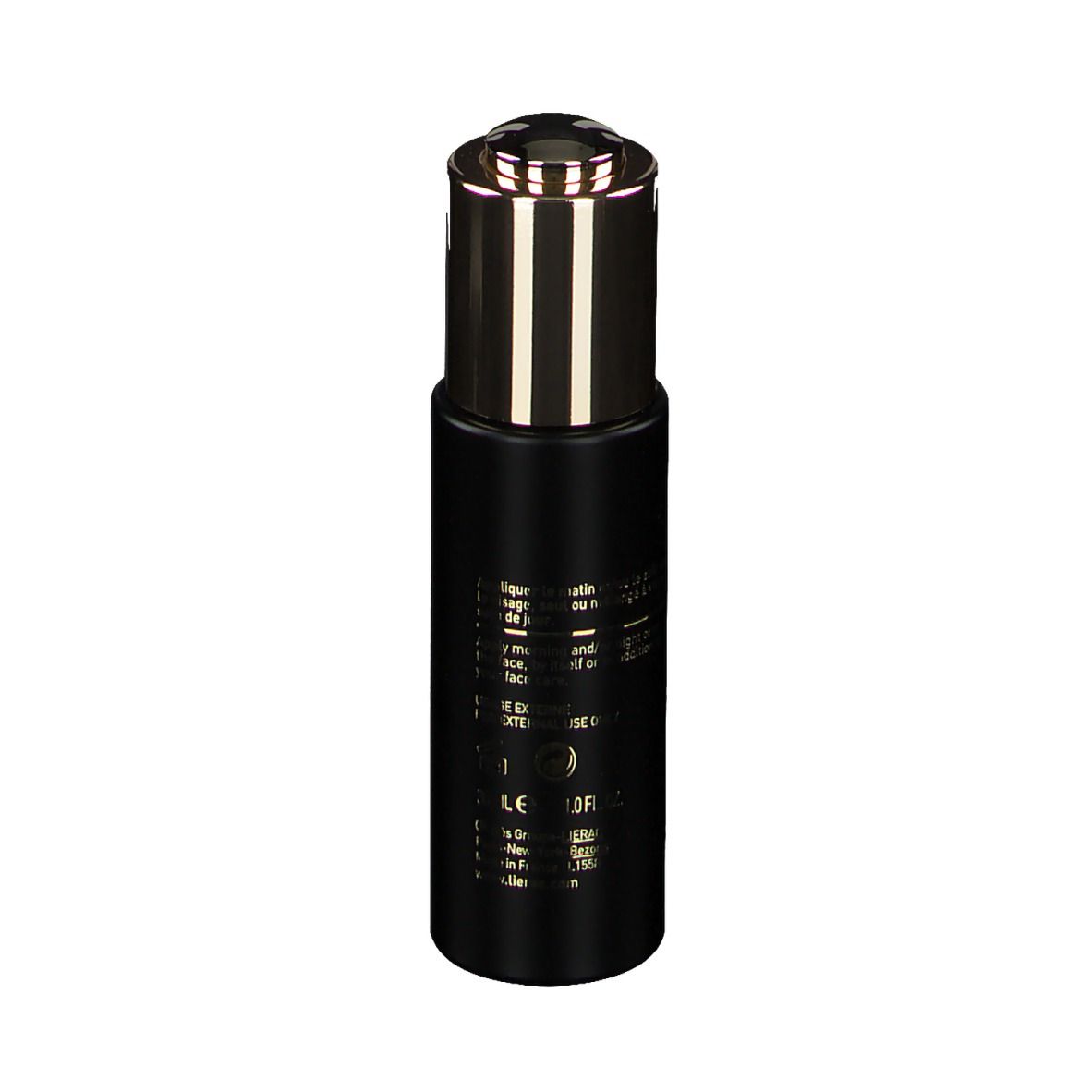 Flacone nero con tappo dorato. Scritta: Lierac, Premium Elixir.