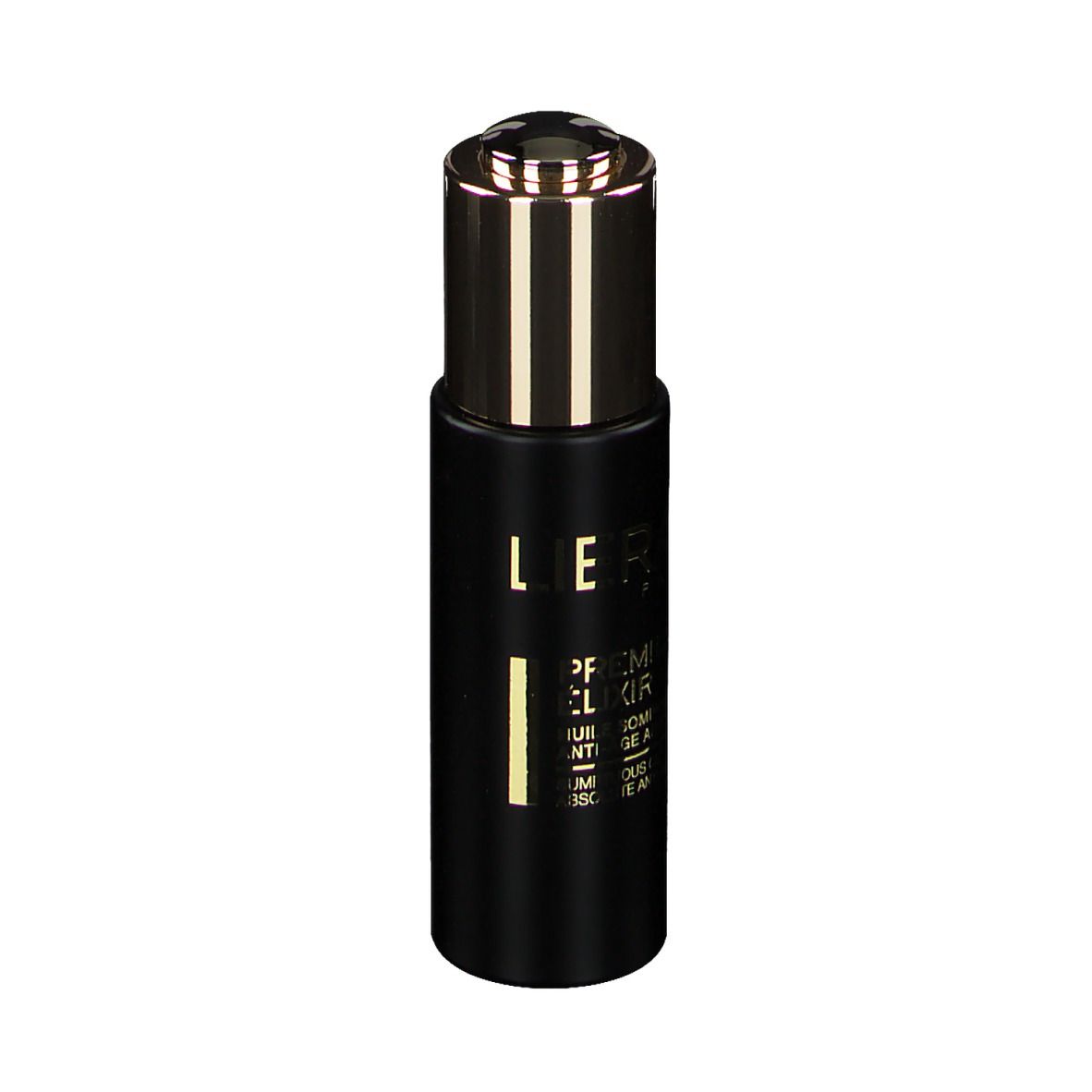 Flacone nero con tappo dorato. Scritta: Lierac, Premium Elixir.