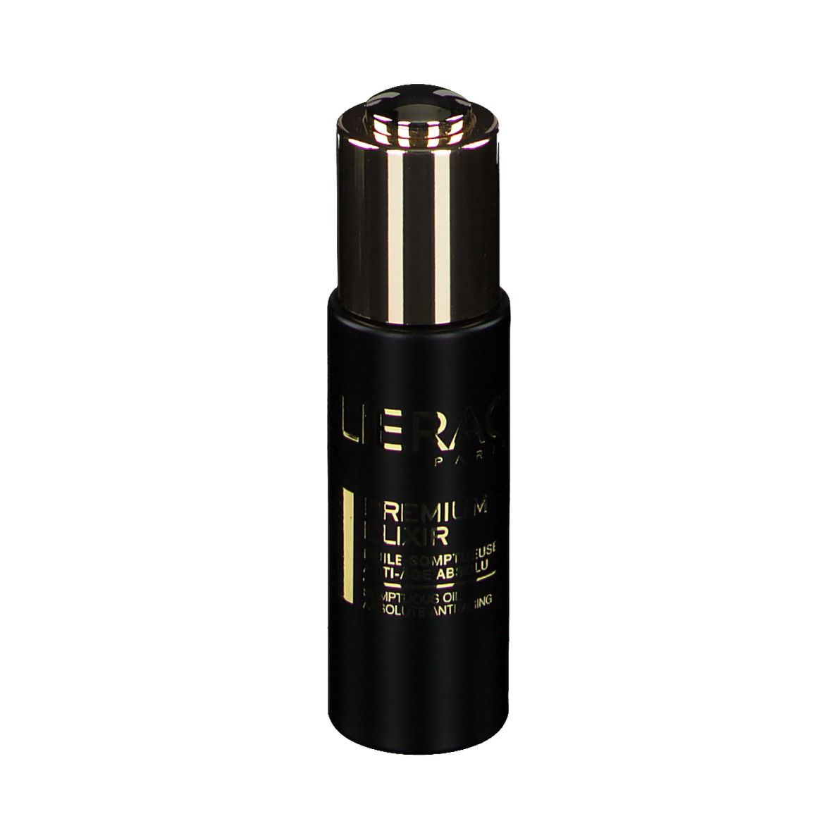 Flacone nero con tappo dorato. Scritta: Lierac, Premium Elixir.