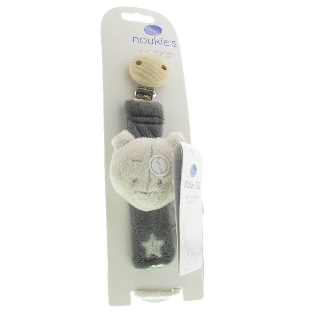 Portaciuccio con applicazione orso, clip in legno e motivo a stella. Su cartoncino con logo del marchio.