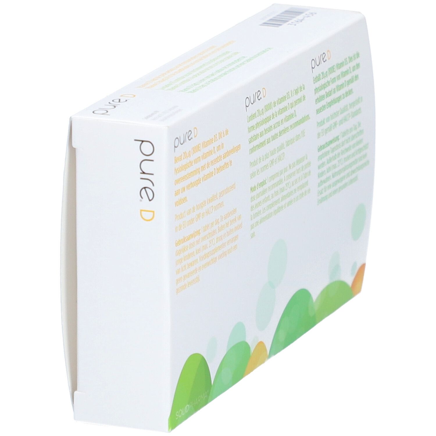 Scatola bianca con logo pure. D. Vista laterale. Testo in tedesco, francese e olandese.
