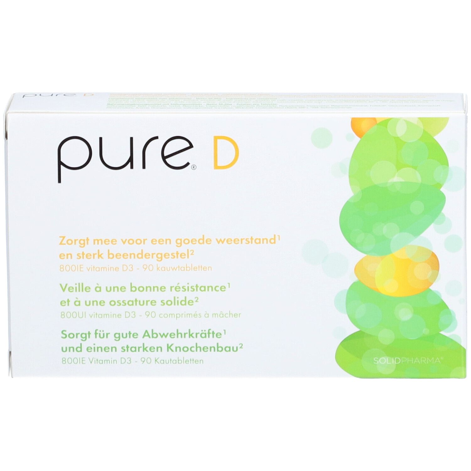 Scatola bianca con logo pure. D e forme verdi. Testo in tedesco, francese e olandese.